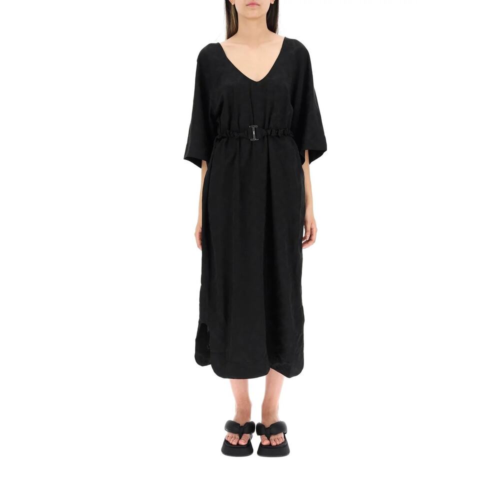 Ganni Black Jacquard V-Neck Oversized Midi‎ Dress Size 38